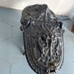 Antique cast iron coal scuttle with acanthus decor and hinged lid