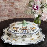 large gien faience tureen with platter featuring hand painted renaissance motifs