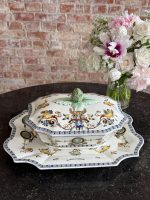 large gien faience tureen with platter featuring hand painted renaissance motifs