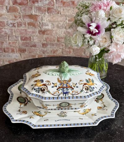 large gien faience tureen with platter featuring hand painted renaissance motifs