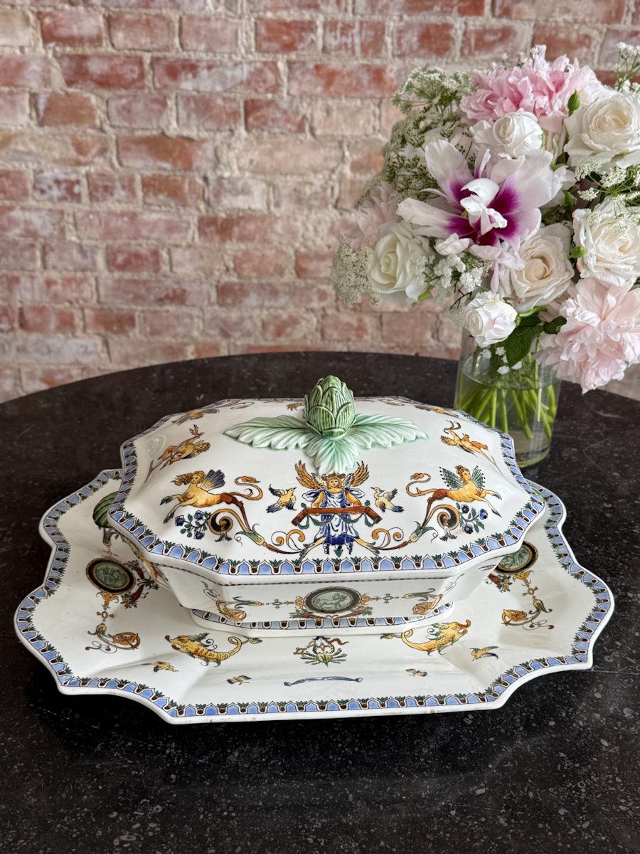 IMG_4842 large gien faience tureen with platter featuring hand painted renaissance motifs