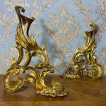 Antique louis xv chenets pair in gilt bronze with rocaille scrolls