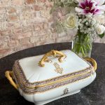 antique french porcelain tureen with gold monogram and rococo handles by hache jullien and cie
