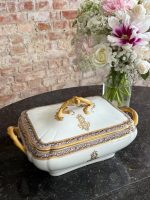 antique french porcelain tureen with gold monogram and rococo handles by hache jullien and cie