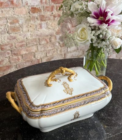 antique french porcelain tureen with gold monogram and rococo handles by hache jullien and cie