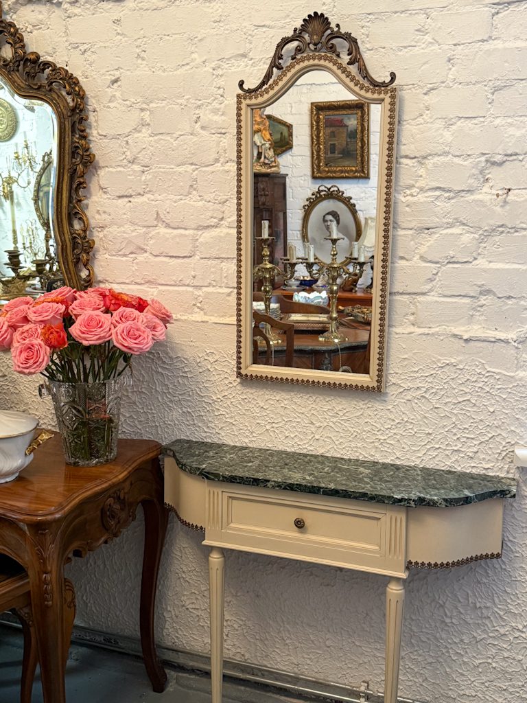Elegant Louis XVI style cream console table with green marble top and matching mirror set