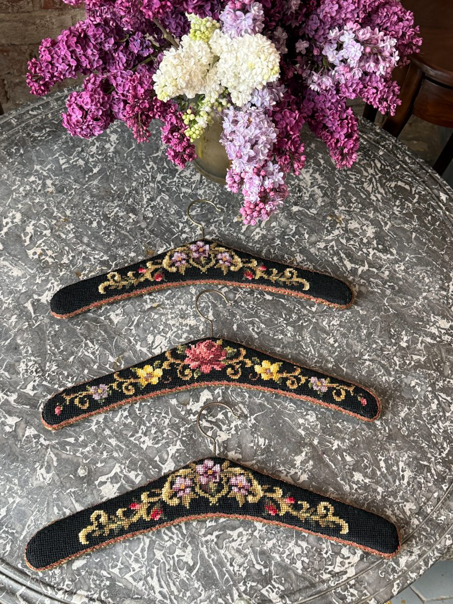 IMG_4964 2 antique needlepoint hangers floral velvet set