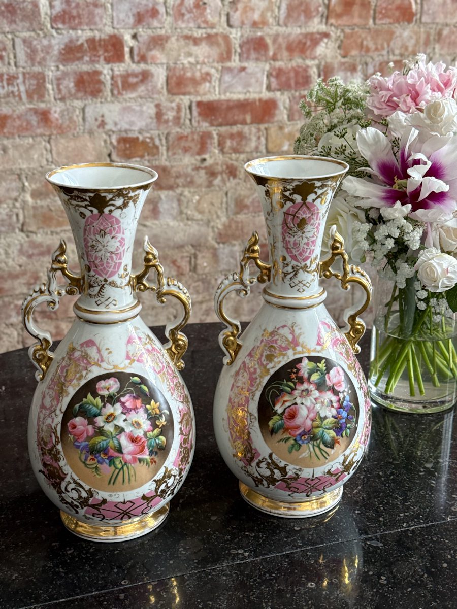 IMG_4980 2 Antique porcelain vases with floral motifs and gold accents pairs