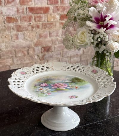 antique austro hungarian porcelain cake stand with swans and water lilies