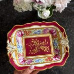 antique french porcelain hand painted dish with magenta border and floral garlands