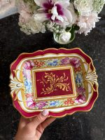 antique french porcelain hand painted dish with magenta border and floral garlands