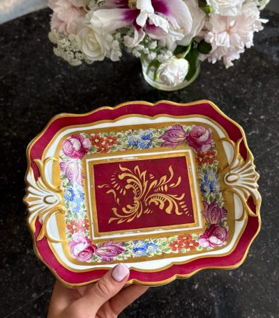 antique french porcelain hand painted dish with magenta border and floral garlands