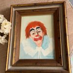Expressive 1983 clown portrait oil painting in a classic wooden frame