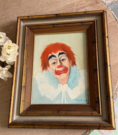 Expressive 1983 clown portrait oil painting in a classic wooden frame