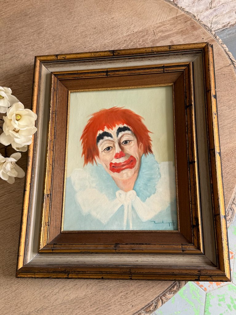Expressive 1983 clown portrait oil painting in a classic wooden frame