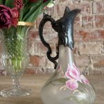 painted glass pitcher art nouveau iris metal mount 5644