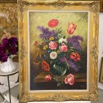floral still life oil painting in gilt frame