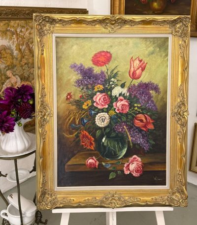 Olie maleri blomsterstilleben i forgyldt ramme, signeret (6015)