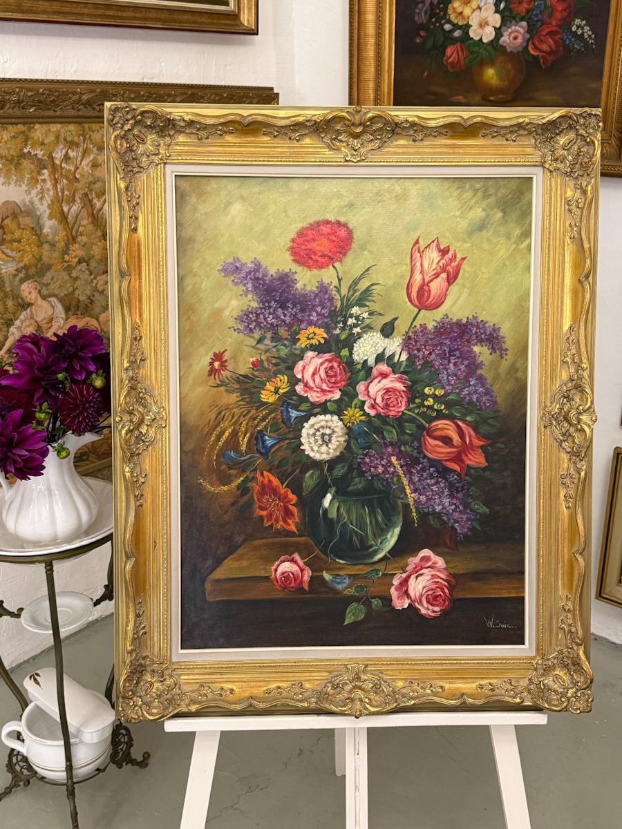 floral still life oil painting in gilt frame