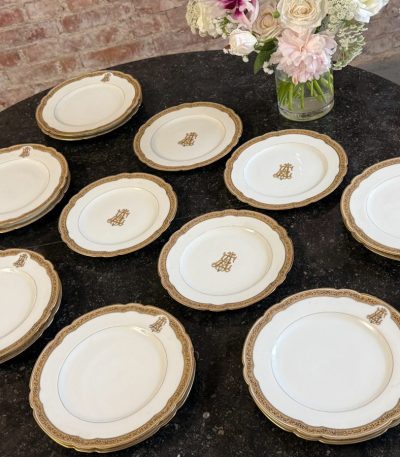 16 antique limoges porcelain plates with gold border and monogram grand depot paris