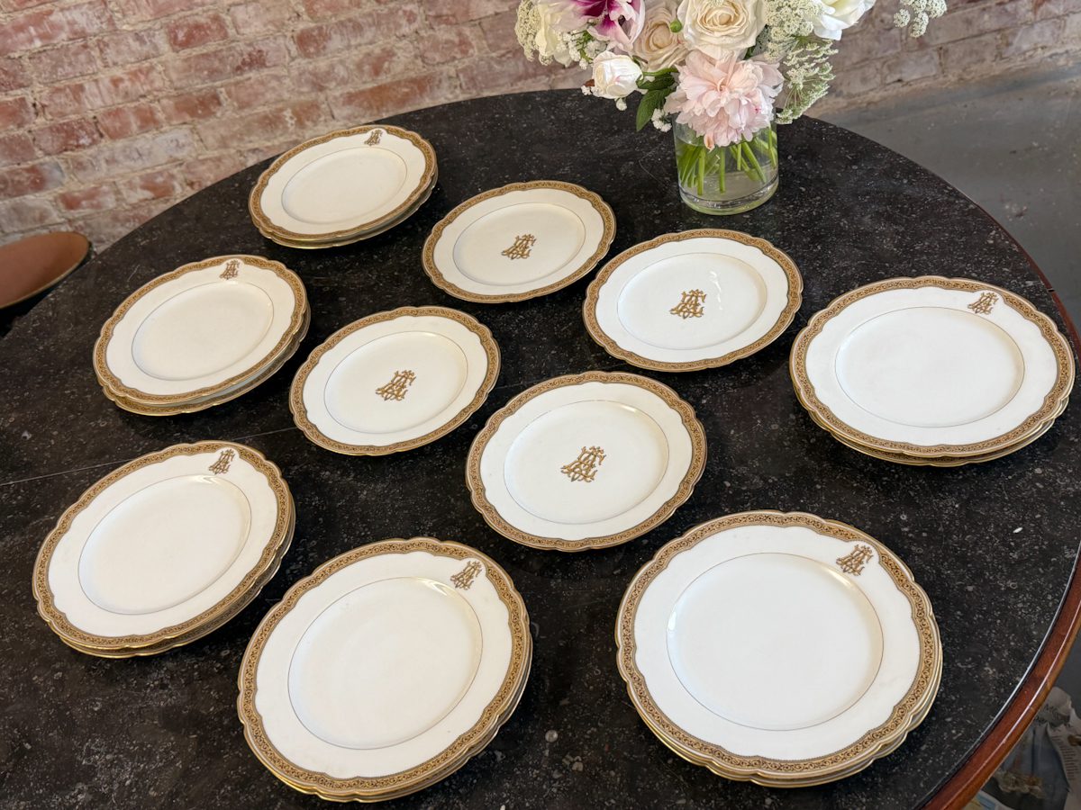 IMG_5434 16 antique limoges porcelain plates with gold border and monogram grand depot paris