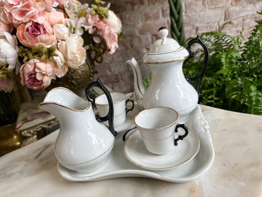 art deco porcelain tea service for two white black handles