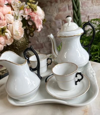 art deco porcelain tea service for two white black handles