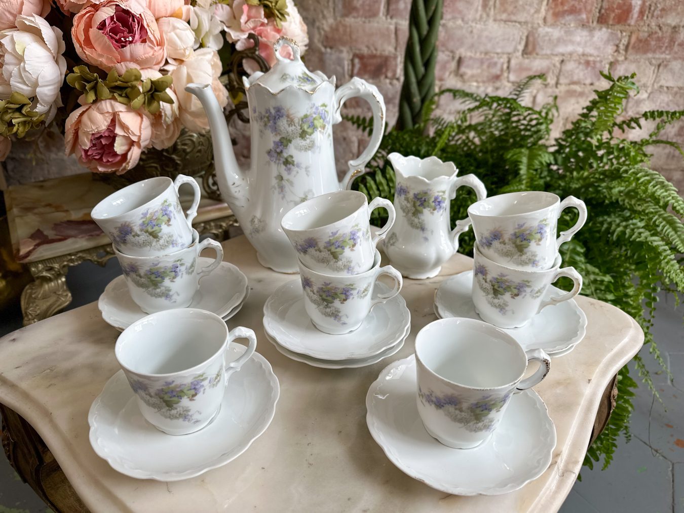 IMG_5607 antique porcelain tea and coffee service with purple lilacs and spring flowers pattern for eight persons