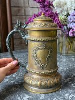 Antique bronze presentation tankard with lid and historical German engraving