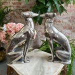 Elegant silver metal greyhound dog statues pair
