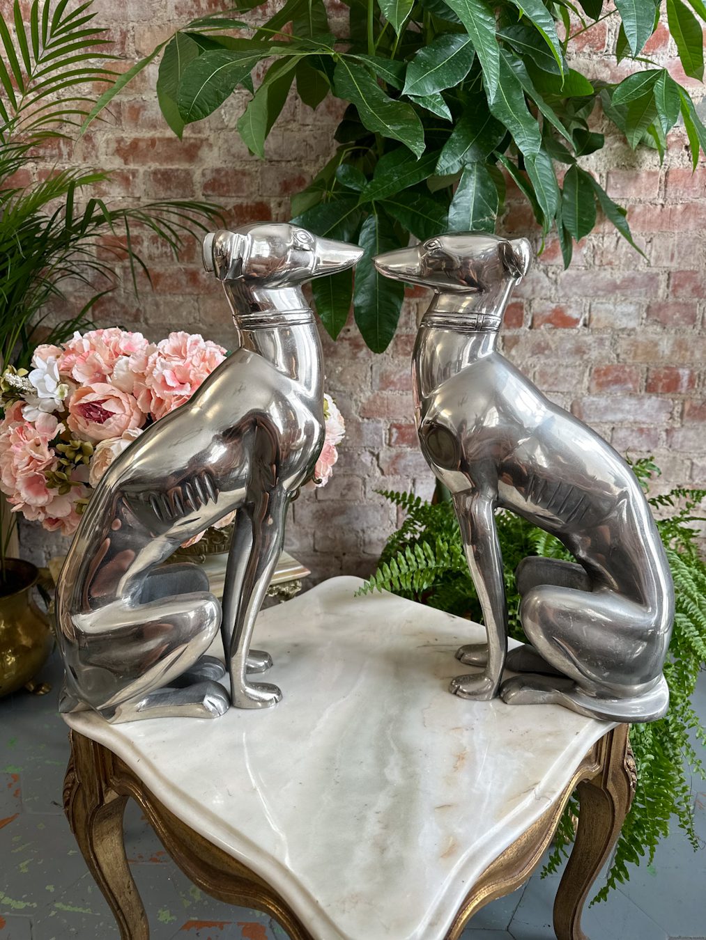 Elegant silver metal greyhound dog statues pair