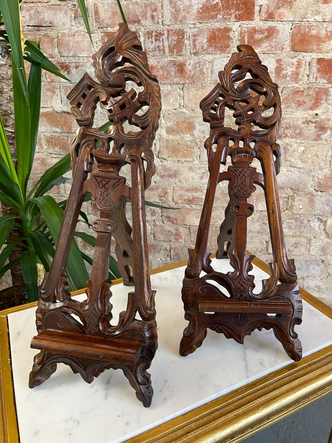 IMG_5768 Pair of antique French Rococo style wooden easel stands with ornate pierced openwork scrolling and acanthus carvings.