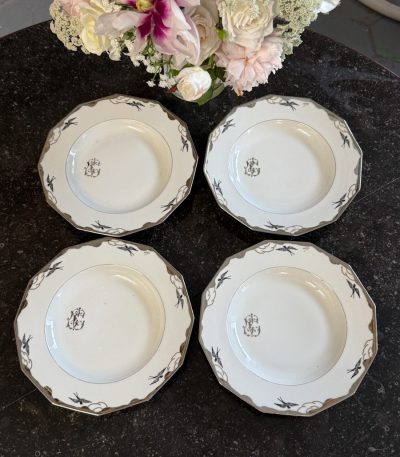 antique limoges france unique porcelain plates with silver birds swallows and monogram
