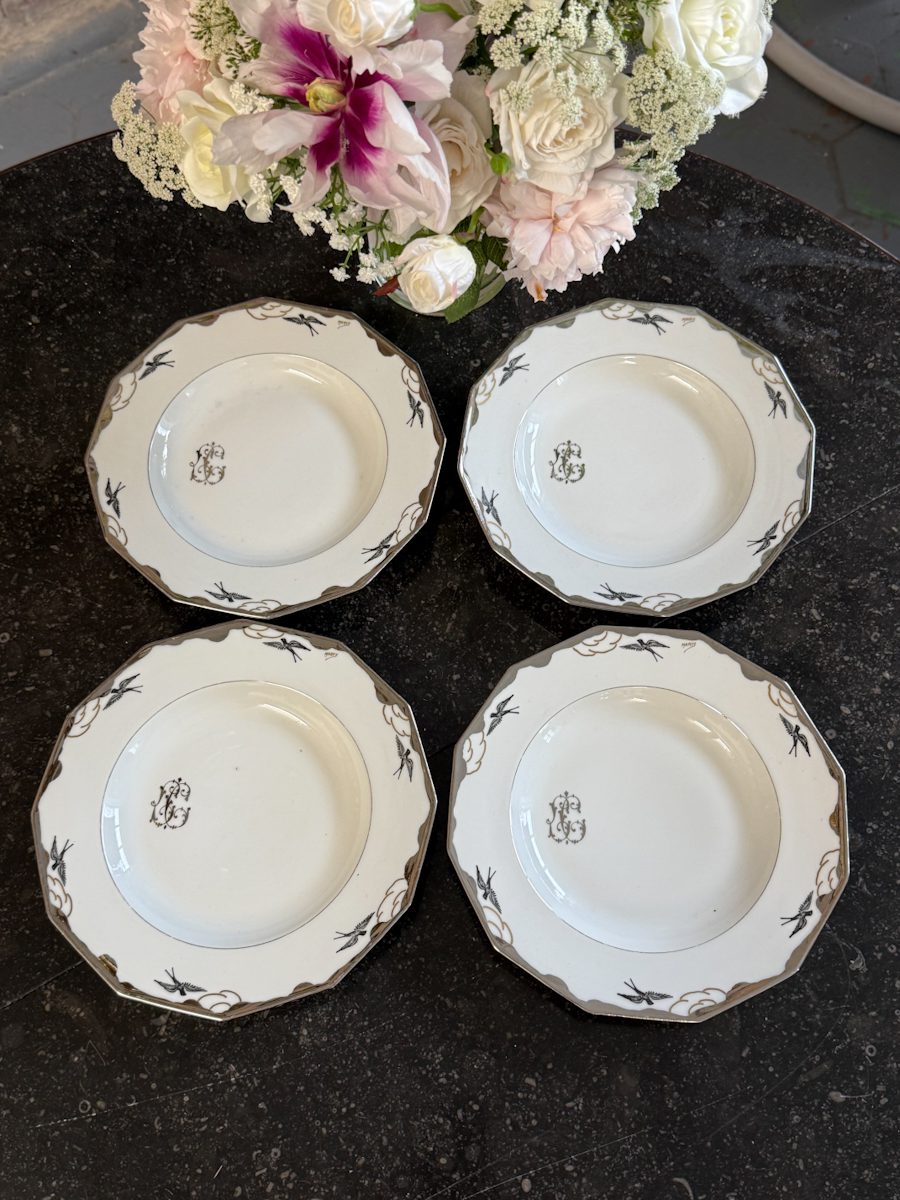 IMG_5814 antique limoges france unique porcelain plates with silver birds swallows and monogram