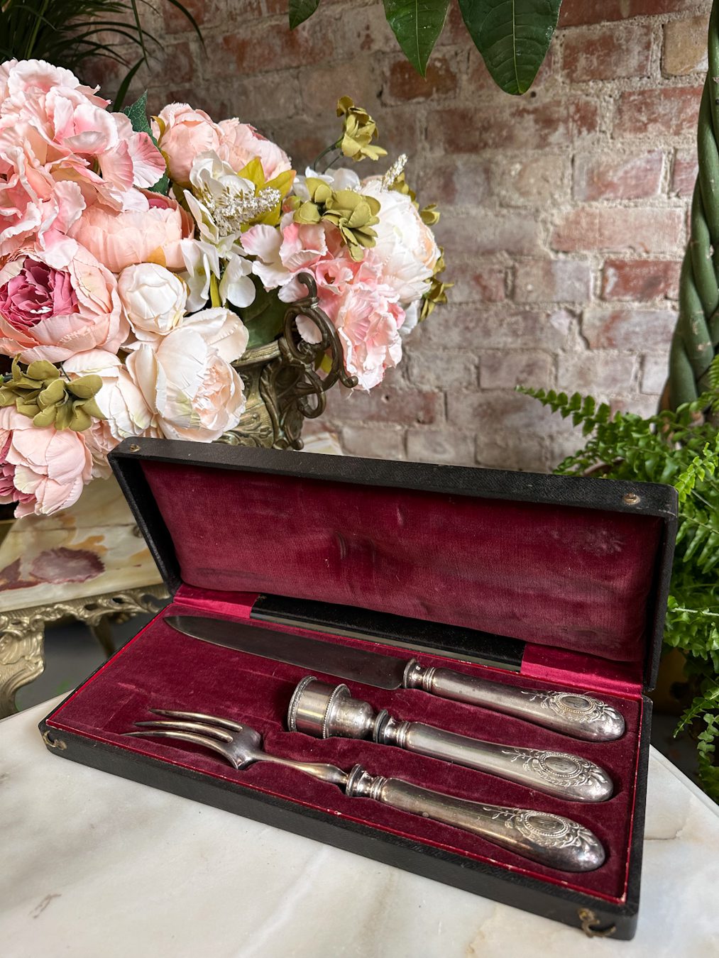 Antique 19th century silver handle carver set featuring a long carving knife