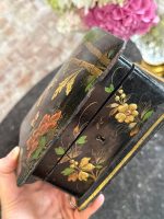 maza izmēra Japānas stila lādīte ar putniņiem, melnā krāsā, iekšpusē štepēts zils audums (7185) - Image 5