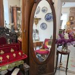Large antique French style oak cheval floor mirror with a thick bevelled glass