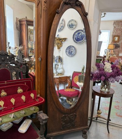 Large antique French style oak cheval floor mirror with a thick bevelled glass