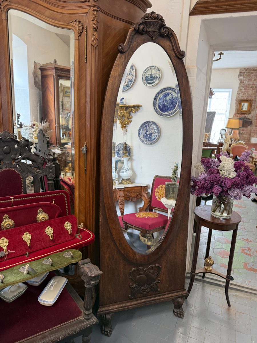 Large antique French style oak cheval floor mirror with a thick bevelled glass