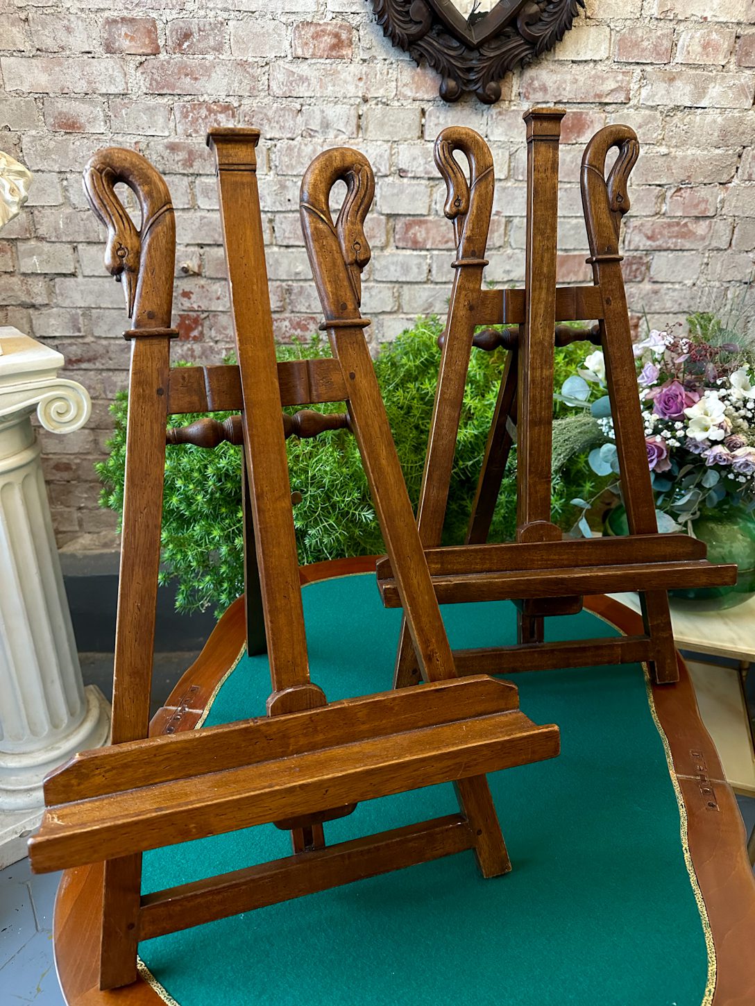 IMG_6091 Pair of antique French Empire style carved wood tabletop easels featuring detailed swan neck finials and adjustable brass hardware support brackets.