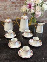 Limoges France porcelain coffee service with pink roses and gilt Art Deco border