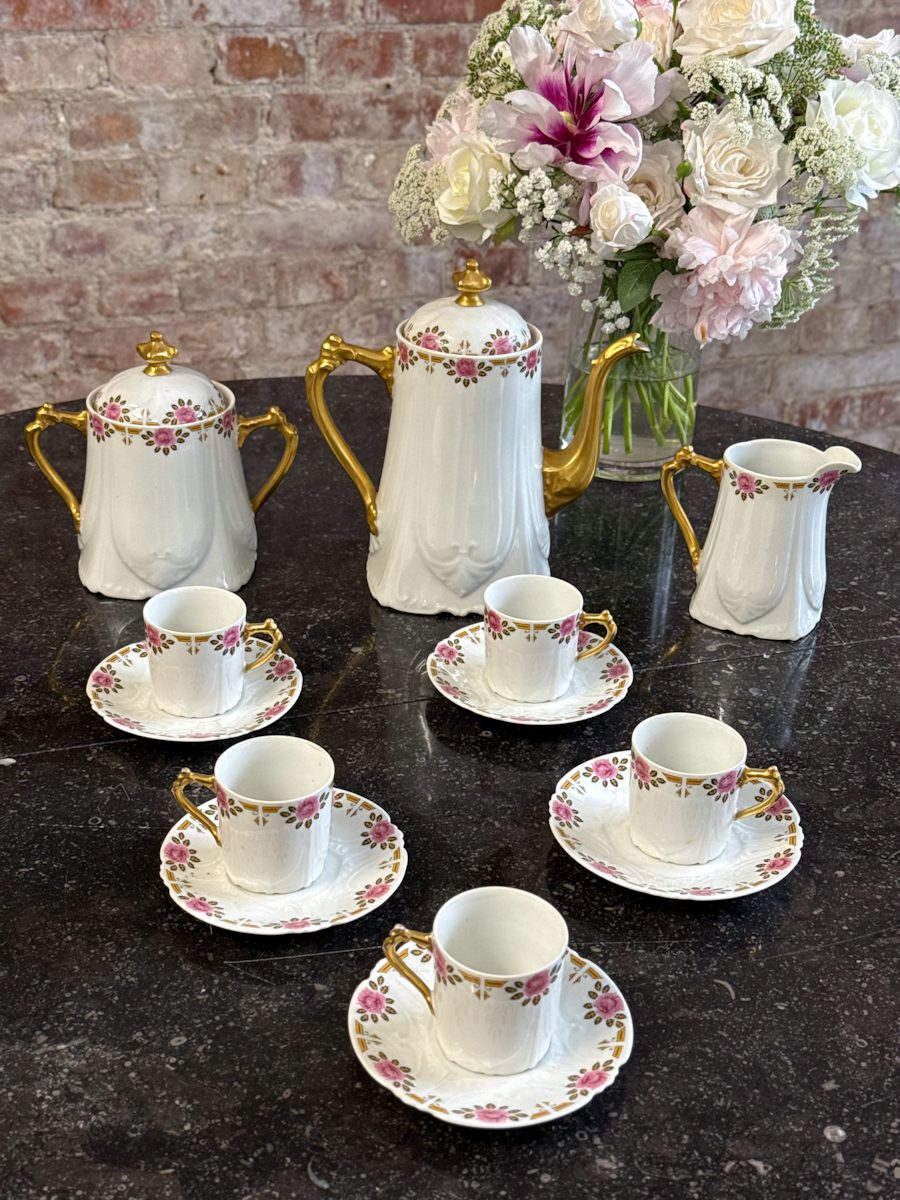 IMG_6164 Limoges France porcelain coffee service with pink roses and gilt Art Deco border