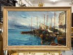 large framed maritime oil painting harbor ships 1931 marcel abougit