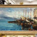 large framed maritime oil painting harbor ships 1931 marcel abougit