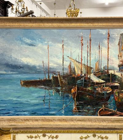 large framed maritime oil painting harbor ships 1931 marcel abougit