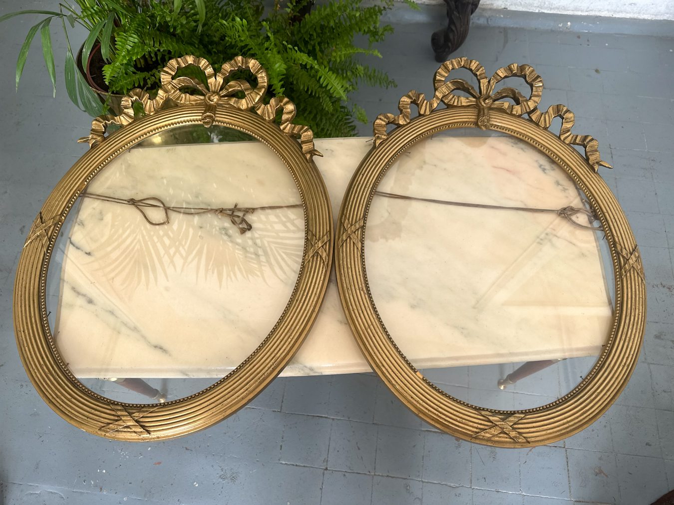 IMG_6210 Antique pair of French oval gilt wood frames with ribbon decor