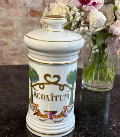 Vieux Paris porcelain apothecary jar Aconitum with palm tree motif