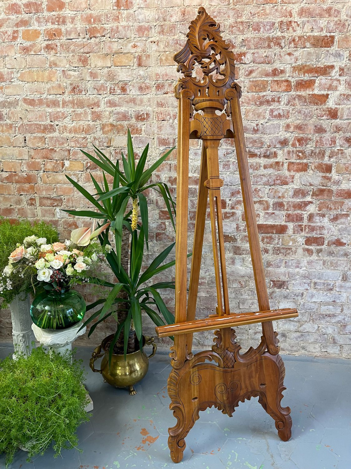 IMG_6335 Large vintage studio wood easel with detailed Rococo style hand carvings on the cresting and base plinth.