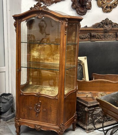 antique french neo rococo style walnut display cabinet vitrine golden velour interior beveled glass