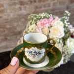 Antique Limoges porcelain espresso coffee cup and saucer with green enamel and gold gilt